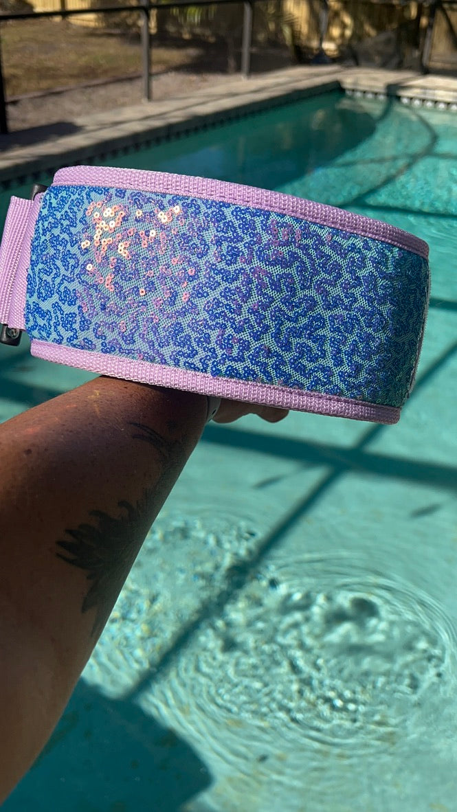 custom lifting belt with light purple and blue sequins