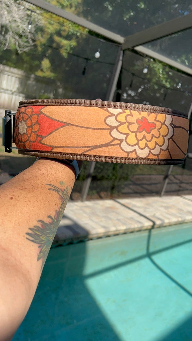 custom lifting belt with 70's flowers